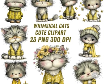 Whimsical Cats Clipart Collection, Funny Watercolor Cat Graphics 23 PNG Illustrations, Whimsical Cat Art, Digital Download, Commercial Use