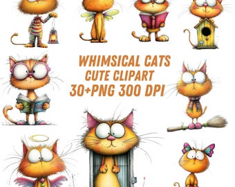 Whimsical Cats Clipart Collection, Cute Watercolor Cat Graphics 30 PNG Illustrations, Whimsical Cat Art, Digital Download, Commercial Use