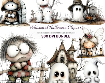 Whimsical Halloween Ghost Clipart Bundle, Watercolor PNG, Witch Hat Ghosts, Spooky Pumpkins, Fall Decor, Autumn Printables