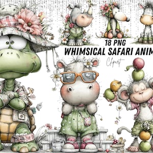 May include: A collection of whimsical safari animal clipart in a watercolor style. The image features a turtle, rhino, mouse, zebra, hippo, and monkey, all with charming details and floral accents. Text reads "18 PNG WHIMSICAL SAFARI ANIMALS Clipart."