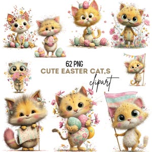 May include: A collection of adorable cartoon cats with Easter-themed designs. The cats are depicted in various poses, holding Easter eggs, flowers, and flags. The image includes the text "62 PNG CUTE EASTER CATS clipart."