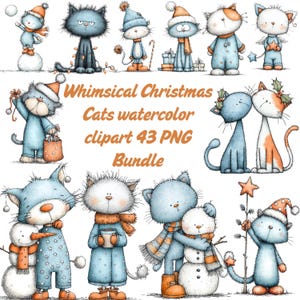 Puede incluir: Una colección de imágenes prediseñadas de gatos navideños en acuarela caprichosa. Los gatos se representan en varias poses, vistiendo ropa y accesorios de invierno. El texto "Whimsical Christmas Cats watercolor clipart 43 PNG Bundle" se muestra.