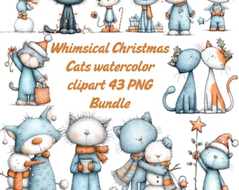 Whimsical Christmas Cat Clipart | Cute Watercolor Winter Cats PNG Set | Xmas Kitten Illustrations | Holiday Digital Download | 43 PNG Bundle