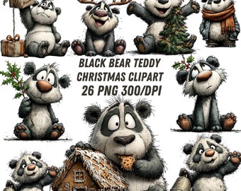 Black Christmas Teddy Bear Clipart: Festive Holiday Graphics (Digital Download -26 PNGs)