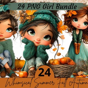 Könnte beinhalten: Digitales Kunstpaket mit drei Cartoon-Mädchen mit großen Augen, die grüne Pullover und Hüte tragen. Das Bild enthält Kürbisse, Äpfel und Herbstblätter. Der Text lautet "24 PNG Girl Bundle" und "Whimsical Summer Fall Autumn".