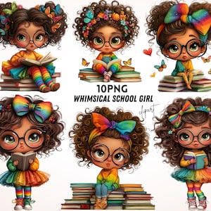 Puede incluir: Una colección de imágenes prediseñadas de niñas de la escuela caprichosas. Cada imagen presenta a una niña de dibujos animados con cabello castaño rizado, gafas redondas y atuendos coloridos. Las niñas están leyendo libros y rodeadas de mariposas. El texto "10PNG WHIMSICAL SCHOOL GIRL clipart" es visible.