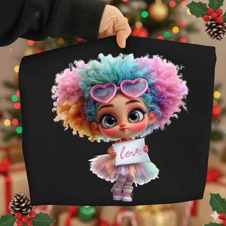 May include: Black tote bag featuring a cartoon girl with colorful hair, heart-shaped sunglasses, and a tutu. The girl holds a sign that says "love". The image has a festive background with Christmas decorations.