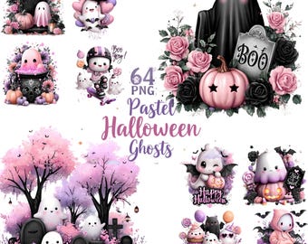 Watercolor Halloween Clipart: Ghost, Pumpkin, Bat, Bow (Digital Download)
