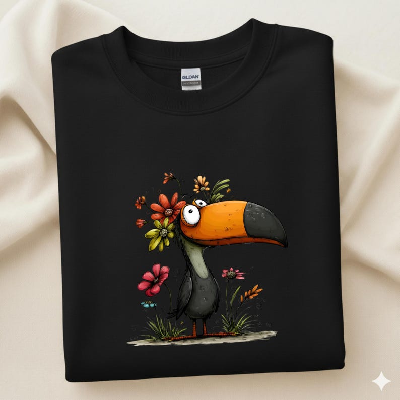 K&ouml;nnte beinhalten: Schwarzes Sweatshirt mit einem Cartoon-Tukan-Design. Der Tukan hat einen orangefarbenen Schnabel und ist von Blumen umgeben. Das Sweatshirt ist aus einem weichen Material. Das Design ist vor schwarzem Hintergrund.