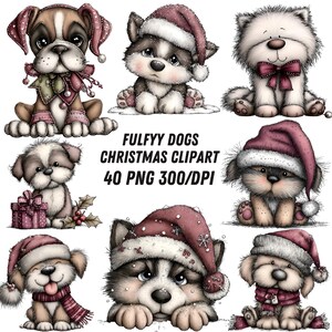 Puede incluir: Una colección de perros ilustrados digitalmente, cada uno adornado con atuendos navideños festivos. Los perros se representan en varias poses, usando gorros de Papá Noel, bufandas y otros accesorios temáticos de las fiestas. También se ve el texto "FULFYY DOGS CHRISTMAS CLIPART 40 PNG 300/DPI".