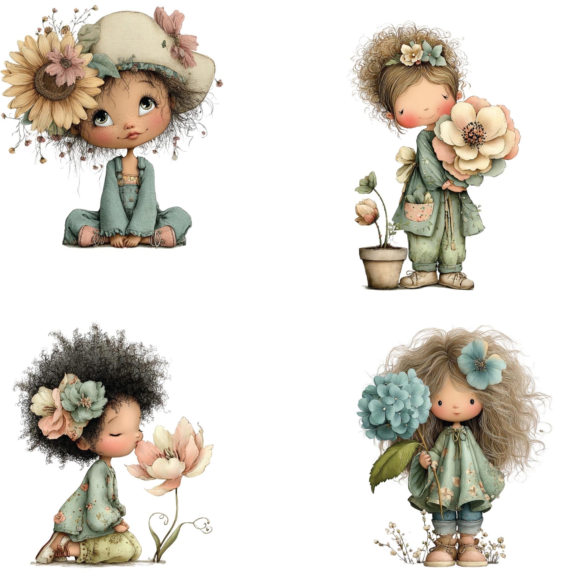 Whimsical Girls and Flowers Clipart PNG Bundle, Cute Floral Girl ...