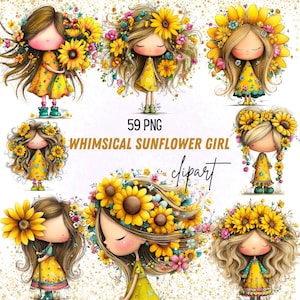 Op de afbeelding: Een verzameling grillige clipart-afbeeldingen met meisjes versierd met zonnebloemen. Elk meisje draagt een gele jurk en heeft een bloemenkrans of zonnebloemaccenten in haar haar. De tekst "59 PNG WHIMSICAL SUNFLOWER GIRL clipart" is zichtbaar.