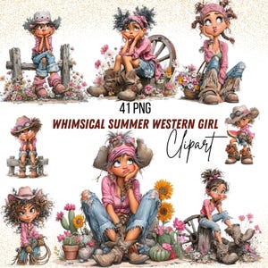 Puede incluir: Una colección de arte digital con ilustraciones caprichosas de una chica del oeste de verano. Las imágenes muestran a una chica de dibujos animados con una camisa rosa, jeans y botas de vaquero, rodeada de flores y elementos occidentales.