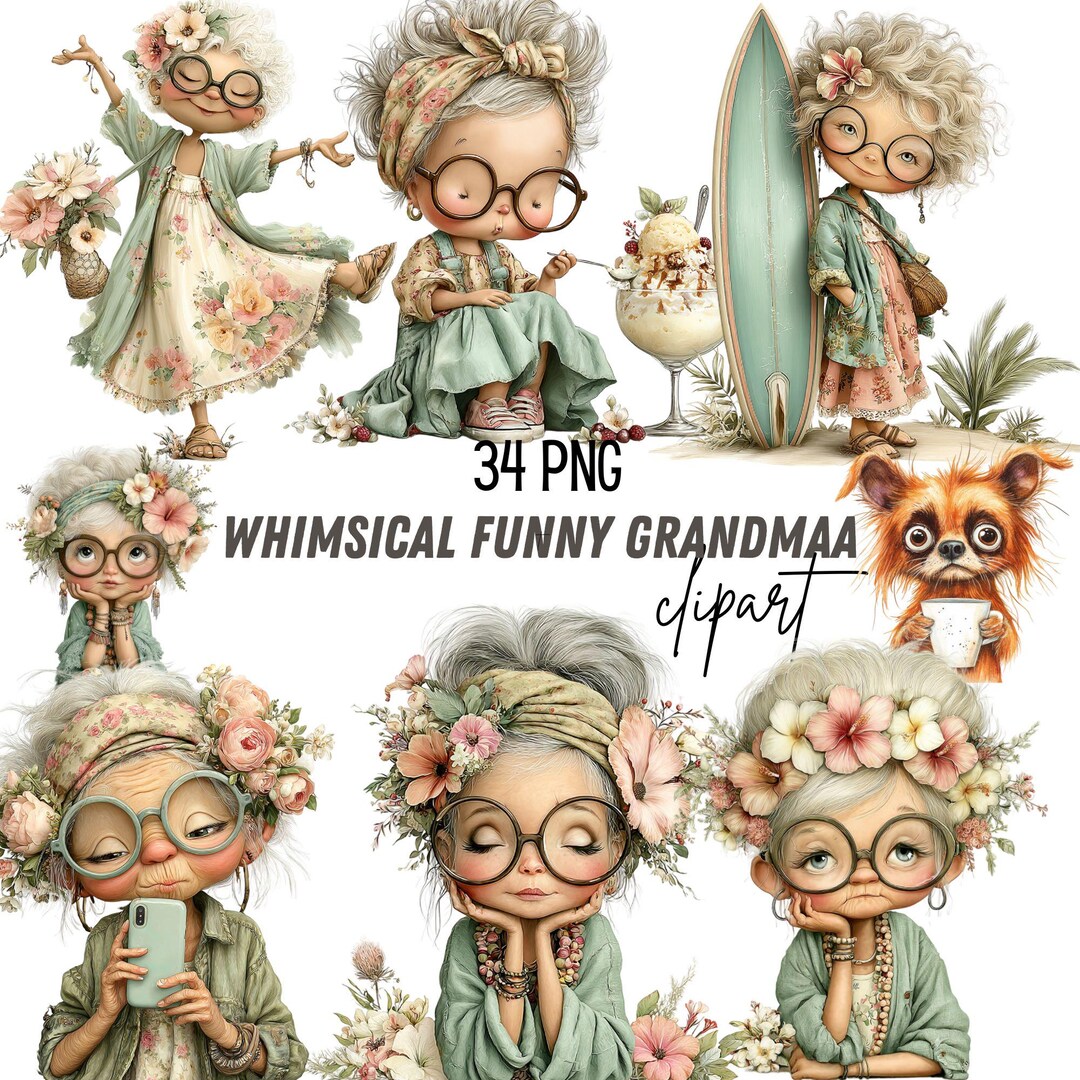 Whimsical Funny Old Lady Clip Art Bundle - Grandma Cherries and Wine ...