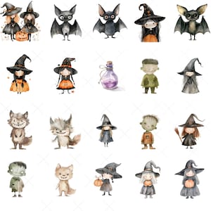 May include: Watercolor illustrations of Halloween-themed characters and objects. The image features witches, bats, werewolves, Frankenstein's monster, and potion bottles. The characters are wearing hats and dresses, and some are holding pumpkins. The color palette includes black, orange, and purple.