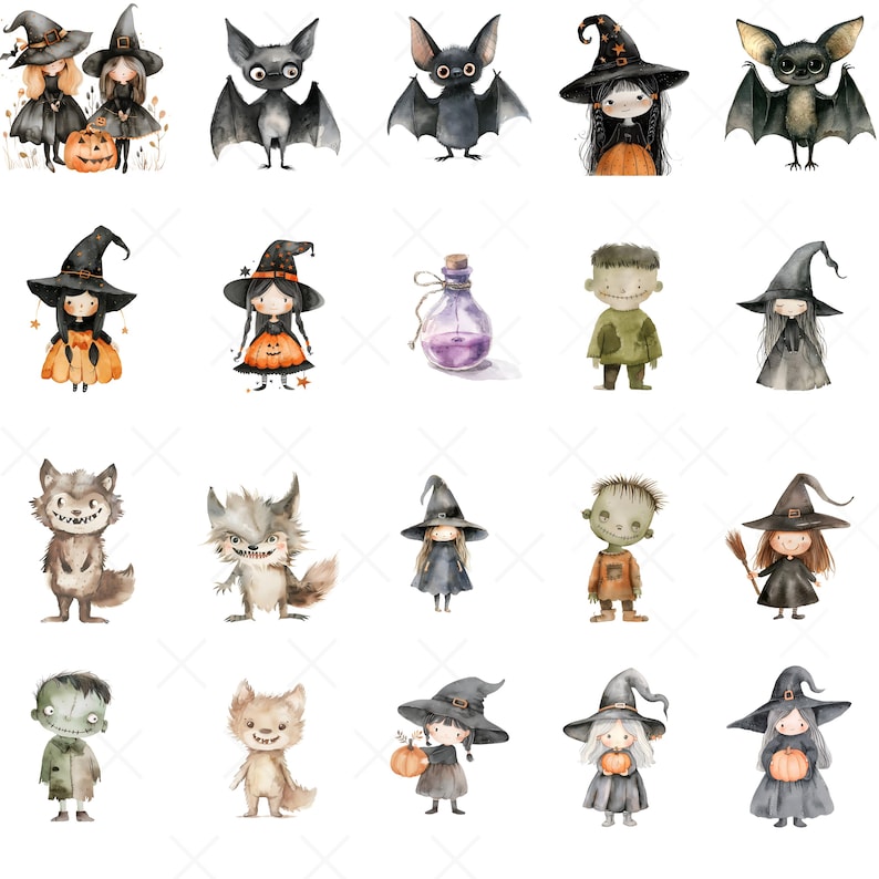 May include: Watercolor illustrations of Halloween-themed characters and objects. The image features witches, bats, werewolves, Frankenstein's monster, and potion bottles. The characters are wearing hats and dresses, and some are holding pumpkins. The color palette includes black, orange, and purple.