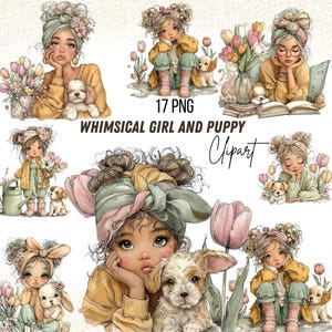 以下が含まれることがあります： 17枚のPNGデジタルクリップアート画像集。気まぐれな女の子と子犬が描かれています。イラストは、花や本に囲まれた、さまざまなポーズの女の子と子犬を描いています。カラーパレットは、ソフトイエロー、ピンク、グリーンです。