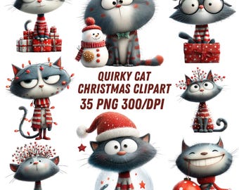 Quirky Cats Christmas Clipart: Cute Festive Graphics (Digital Download - 35 PNGs)