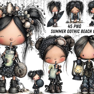 Op de afbeelding: Digitale kunst met verschillende cartoonmeisjes in gotische strandkleding. De meisjes hebben zwart haar en houden strandartikelen vast zoals surfplanken, lantaarns en drankjes. De tekst "45 PNG SUMMER GOTHIC BEACH GIRLS Clipart" is zichtbaar.