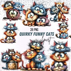 Peut inclure: Plusieurs illustrations de chats originaux dans diverses poses et couleurs. L'image présente plusieurs piles de chats, des paires de chats et des chats interagissant avec des objets. Le texte indique "28 PNG QUIRKY FUNNY CATS clipart".