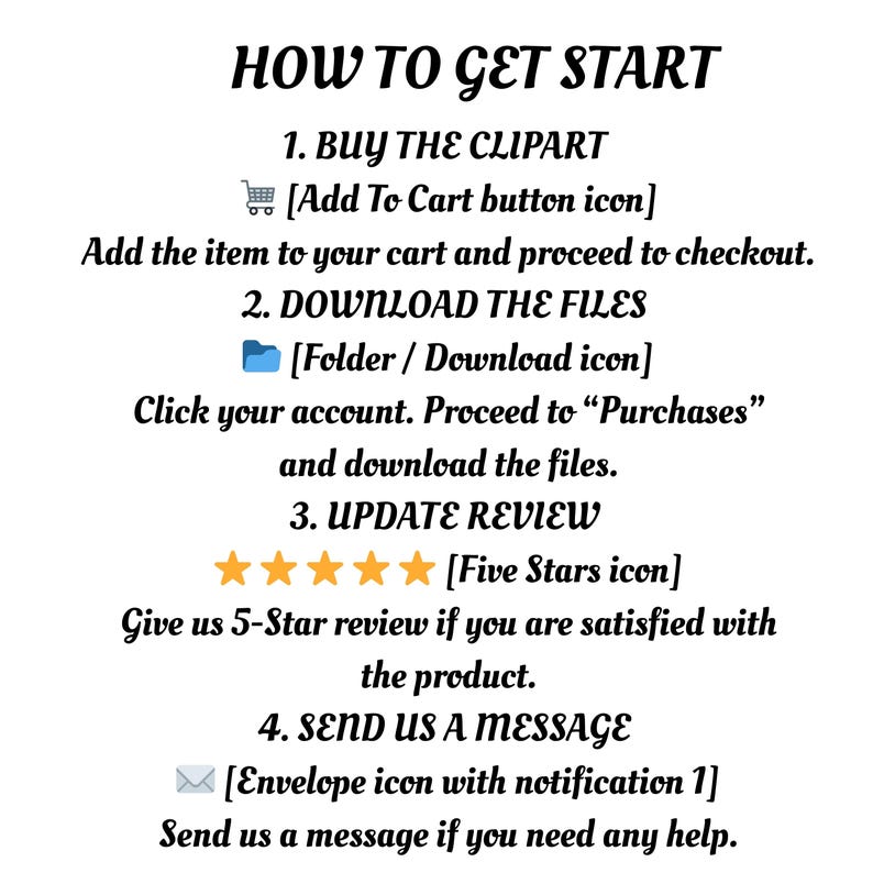 May include: White background with black text that reads "HOW TO GET START". Instructions include buying clipart, downloading files, updating a review, and sending a message. Icons are included.