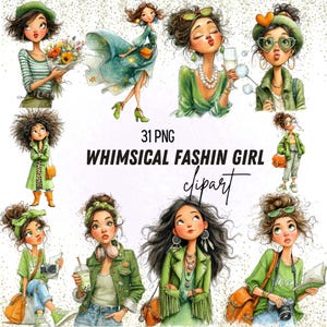 Puede incluir: Una imagen de arte digital con ilustraciones en acuarela de mujeres elegantes en varias poses y atuendos. La imagen incluye el texto "31 PNG WHIMSICAL FASHIN GIRL clipart". Las mujeres están representadas en tonos de verde, naranja y azul, con accesorios como gafas de sol, bolsos y flores.