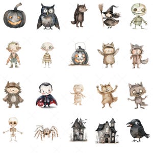 May include: Watercolor illustrations of Halloween characters and objects, including a carved pumpkin, owl, wolf, witch, zombie, and haunted houses. The artwork features a soft color palette and whimsical style, perfect for seasonal decor or crafts.