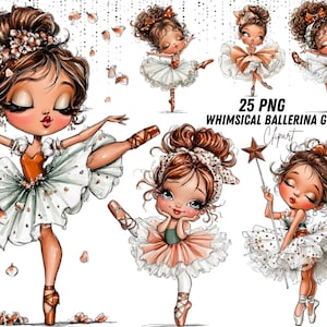 Könnte beinhalten: Eine Sammlung von skurrilen Ballerina-Mädchen-Cliparts. Jede Illustration zeigt eine Ballerina mit braunen Haaren, die einen Tütü und Spitzenschuhe trägt. Der Text "25 PNG WHIMSICAL BALLERINA GIRL Clipart" ist ebenfalls sichtbar.