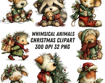 32 Christmas animals Clipart Png, Christmas Png, Watercolor clipart, High Quality PNG,Digital download, Png designs for crafts Journals