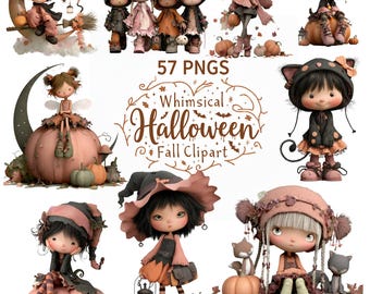 57 PNG Whimsical Halloween Ghost Clipart Bundle, Watercolor PNG, Witch Hat Ghosts, Spooky Pumpkins, Fall Decor, Autumn Printables