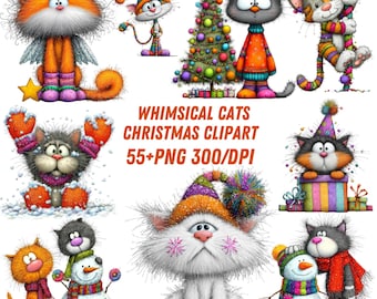 Whimsical Cats Christmas Clipart: Cute Festive Graphics (Digital Download - 55 PNGs)