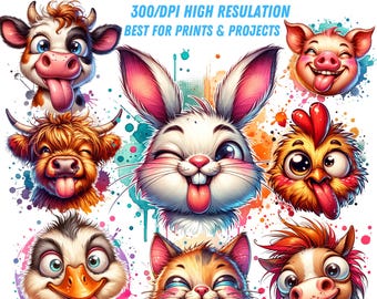 12 Watercolor Funny Animal Collection Clipart, PNG Silly Animals Clipart, Crazy Animal, Quirky Animals Bundle, Commercial Use, Dog, Cow,