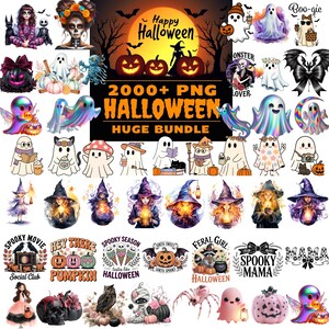 Op de afbeelding: Een verzameling digitale Halloween-thema graphics. De afbeelding bevat illustraties van geesten, heksen, pompoenen en tekst met de tekst "Happy Halloween" en "2000+ PNG Halloween Huge Bundle."