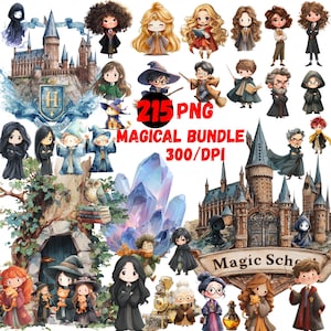 May include: A digital art bundle featuring illustrations of characters, castles, and magical elements. The image includes the text "215 PNG MAGICAL BUNDLE 300/DPI". The illustrations are in a watercolor style, with a variety of colors and details.