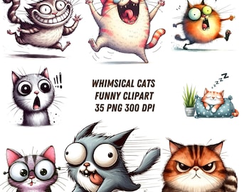 Quirky Cats Clipart Collection, Funny Watercolor Cat Graphics 35 PNG Illustrations, Whimsical Cat Art, Digital Download, Commercial Use