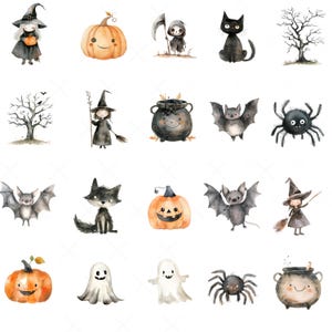 May include: Watercolor illustrations of Halloween-themed characters and objects. The image includes a witch, pumpkins, a grim reaper, a black cat, bats, spiders, a black cauldron, a tree, a fox, and ghosts.