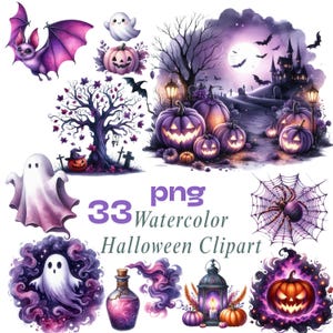 Könnte beinhalten: Aquarell-Halloween-Cliparts mit einer lila Fledermaus, Geistern, Kürbissen, einem Spukhaus und einem Spinnennetz. Der Text lautet "33 png Watercolor Halloween Clipart".