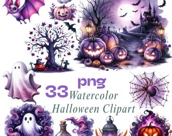 Watercolor Halloween Clipart, Spooky Cute Clip Art, Halloween Clipart Bundle, Cute Halloween Clipart, Halloween Graphics, Halloween PNG