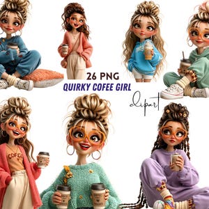 Könnte beinhalten: Eine Sammlung von 26 digitalen PNG-Illustrationen einer Zeichentrickfigur mit hohem Dutt und orangefarbener Brille, die in verschiedenen Outfits und Posen Kaffeetassen hält, mit dem Text 26 PNG QUIRKY COFEE GIRL clipart.