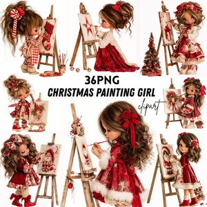 Christmas Painting Girl Clipart, 36 PNG Cute Painter Girl, Holiday Artist PNG, Christmas Art Bundle