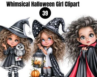 Quirky Halloween Witch PNG Bundle, Cute Witch Clipart, Cottagecore Halloween, Whimsical halloween Girl PNG, Digital Download