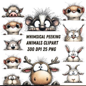 May include: A set of whimsical peeking animal clipart illustrations. The image showcases cartoon animals such as a badger, a squirrel, and a goat, each with expressive eyes and a playful look. The text on the image reads "WHIMSICAL PEEKING ANIMALS CLIPART 300 DPI 25 PNG."