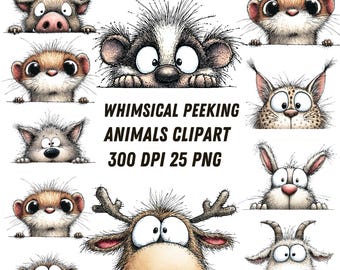 Peeking Animals: 25 PNG, 300 DPI Quirky Animal Faces | Woodland Creatures | Nursery Kid | (Commercial Use)