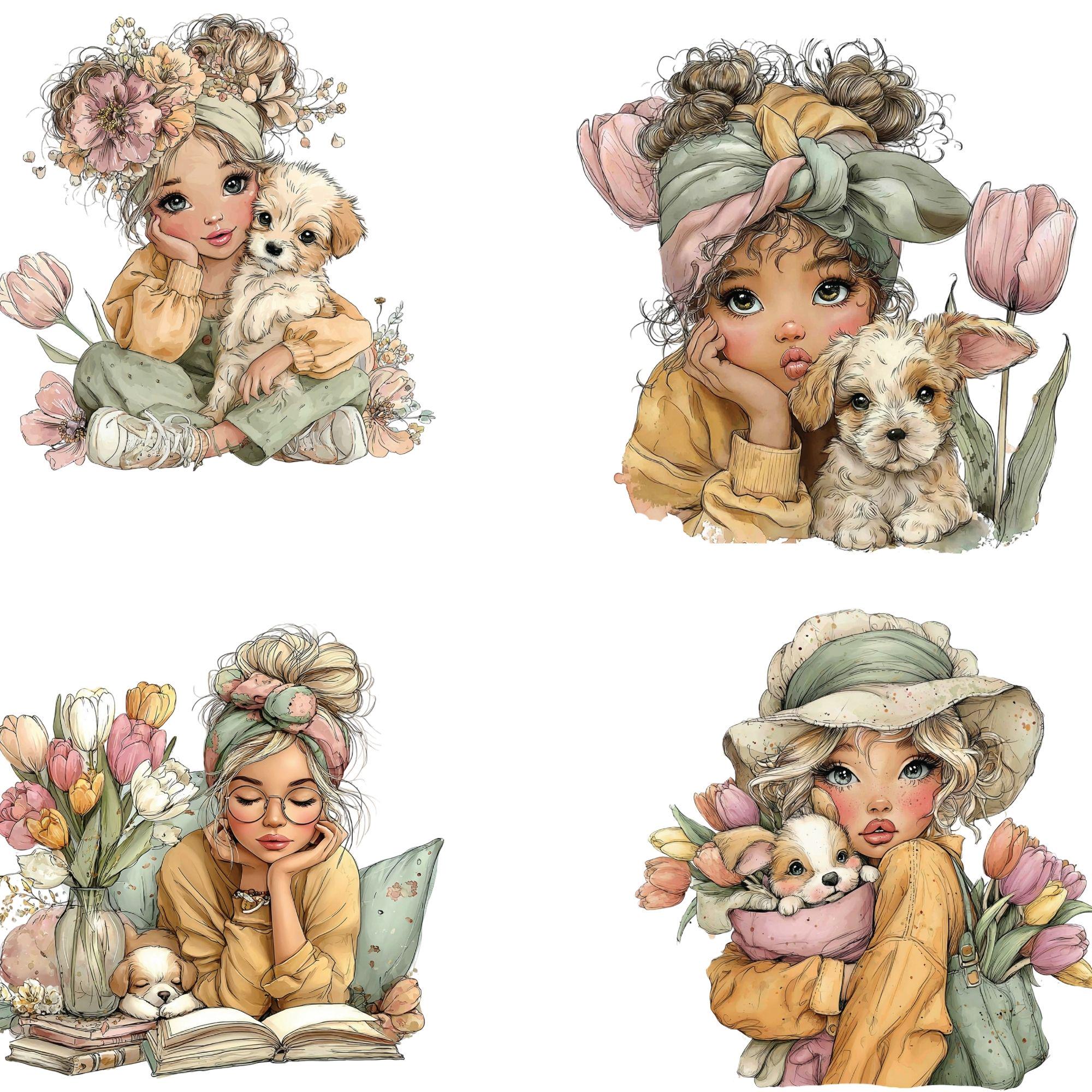 Whimsical Girl Clipart Bundle With Puppy – Cute Floral Kids ...