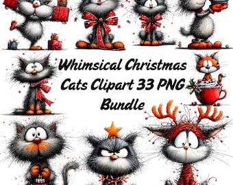 Whimsical Christmas Cats Clipart | Cute Holiday Cat PNG Bundle | Funny Christmas Kitty Illustrations | 33 PNG Instant Download