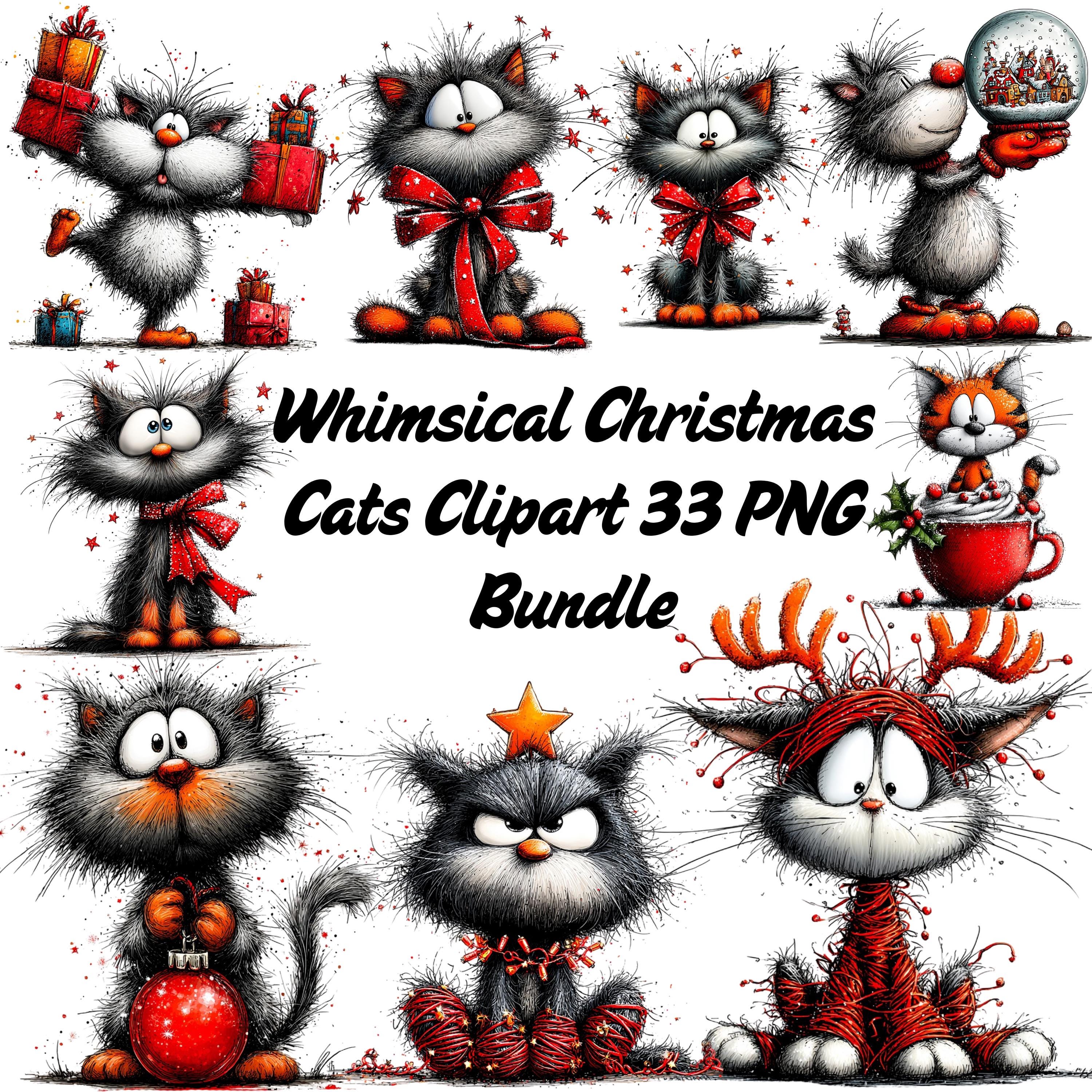 Whimsical Christmas Cats Clipart | Cute Holiday Cat PNG Bundle | Funny ...