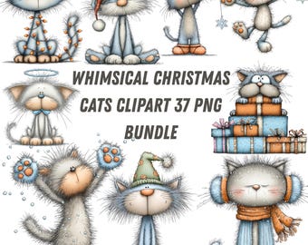 Paquete de imágenes prediseñadas de gatos navideños caprichosos: 37 ilustraciones PNG de gatos invernales adorables, gráficos de gatitos navideños, descarga instantánea, sublimación y manualidades.