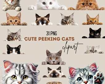 Peeking Katzenrassen PNG Bundle: 30+ Dateien (Digital Download) Lustige Galaxy Katzengesichter für Handwerker Peeking Cosmic Cats Clipart