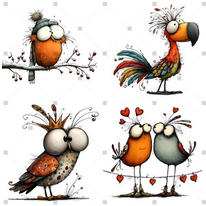 K&ouml;nnte beinhalten: Vier Illustrationen von skurrilen V&ouml;geln. Ein orangefarbener Vogel tr&auml;gt Hut und Schal auf einem Ast. Ein anderer ist ein farbenfroher, hahnartiger Vogel. Ein dritter Vogel tr&auml;gt eine Krone. Zwei V&ouml;gel sitzen auf einem Draht mit Herzakzenten.