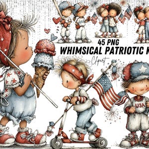 May include: A collection of watercolour illustrations depicting whimsical patriotic children. The image shows children with American flags, baseball bats, and ice cream cones. Text reads "45 PNG WHIMSICAL PATRIOTIC KIDS Clipart".